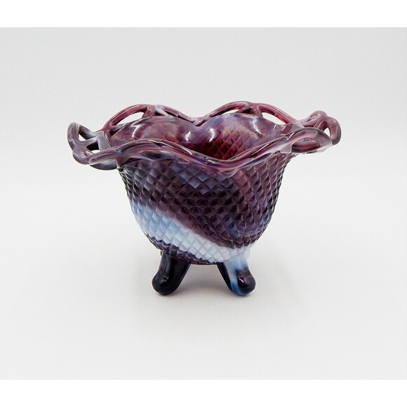 Imperial Diamond Lace Candy Dish Pattern Purple Slag Three Toed Glass Bowl - Picture 3 of 9